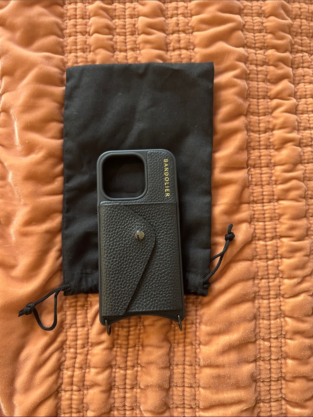 Bandolier Black Leather Crossbody Card Case for iPhone 15 Pro